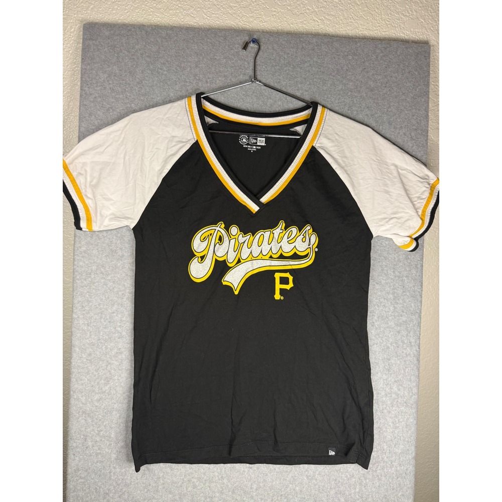 New Era Pittsburgh Pirates MLB Womens V-Neck Raglan T-Shirt Black Gold Size M